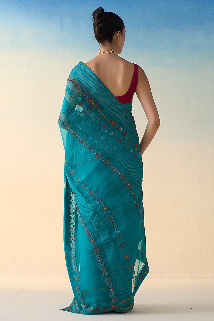 Turquoise Silk & Organza Embroidered Wedding Saree by JANKI INDIA at Pernia's Pop Up Shop