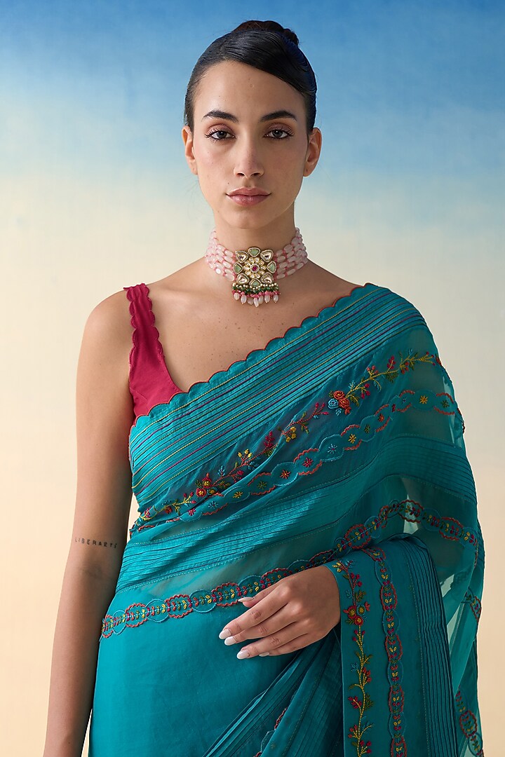 Turquoise Silk & Organza Embroidered Wedding Saree by JANKI INDIA at Pernia's Pop Up Shop
