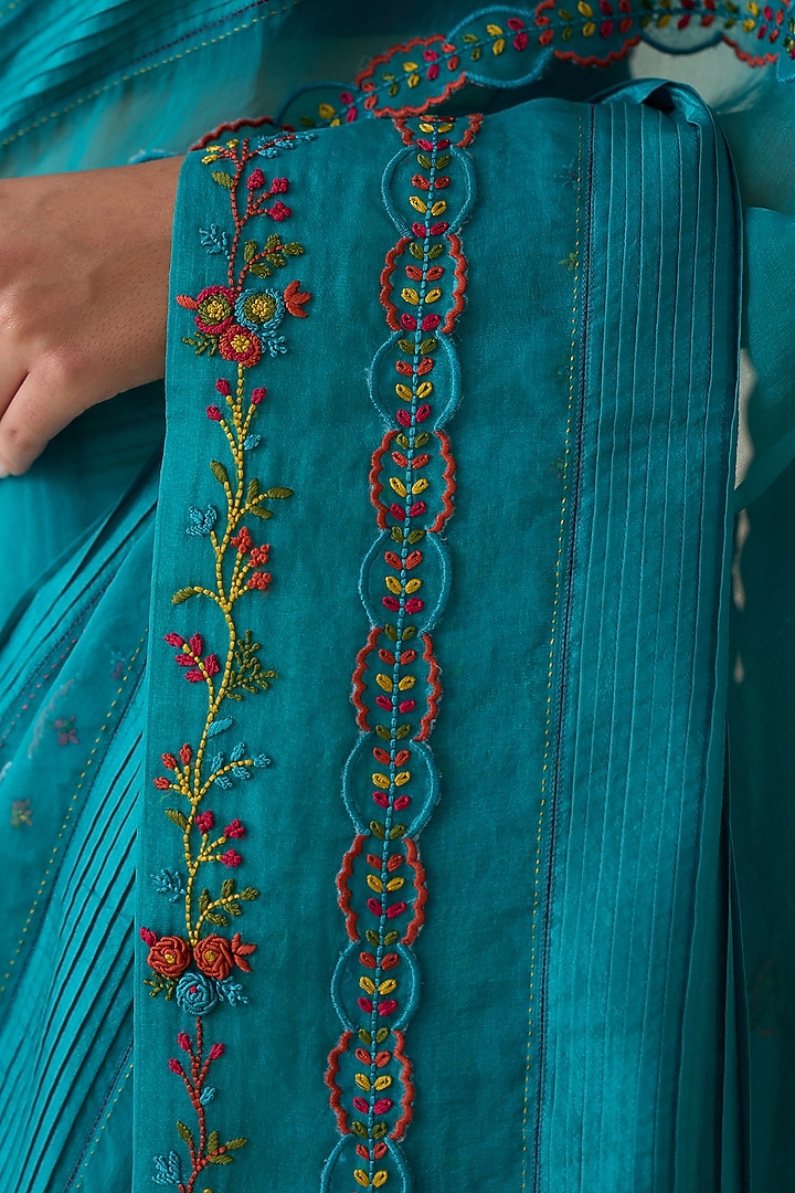 Turquoise Silk & Organza Embroidered Wedding Saree by JANKI INDIA at Pernia's Pop Up Shop