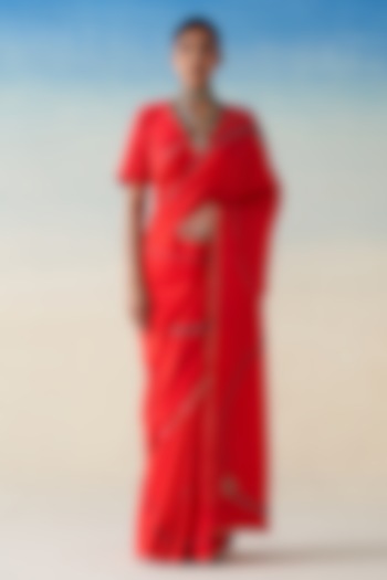 Red Silk Embroidered Wedding Saree by JANKI INDIA at Pernia's Pop Up Shop