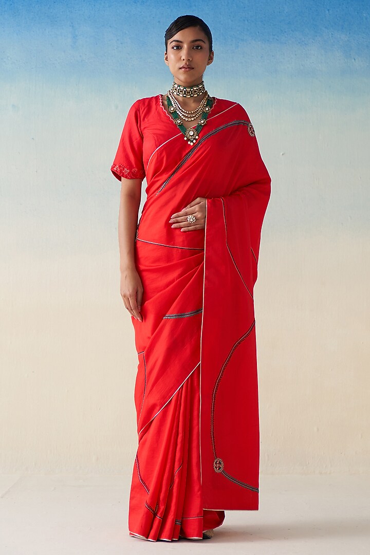 Red Silk Embroidered Wedding Saree by JANKI INDIA at Pernia's Pop Up Shop