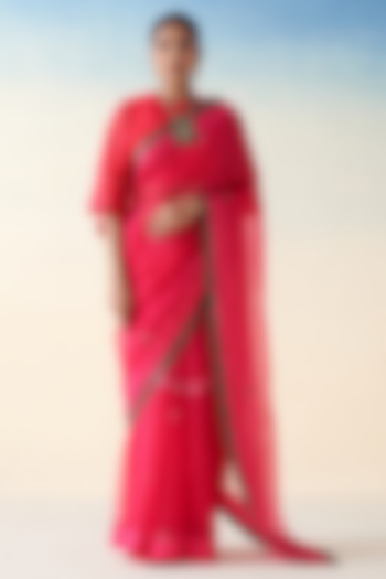 Magenta Organza Hand Embroidered Wedding Saree by JANKI INDIA at Pernia's Pop Up Shop
