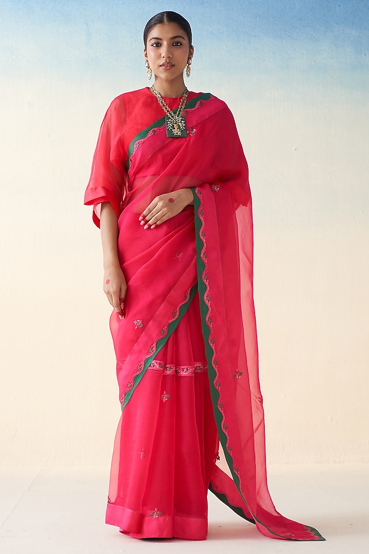 Magenta Organza Hand Embroidered Wedding Saree by JANKI INDIA at Pernia's Pop Up Shop