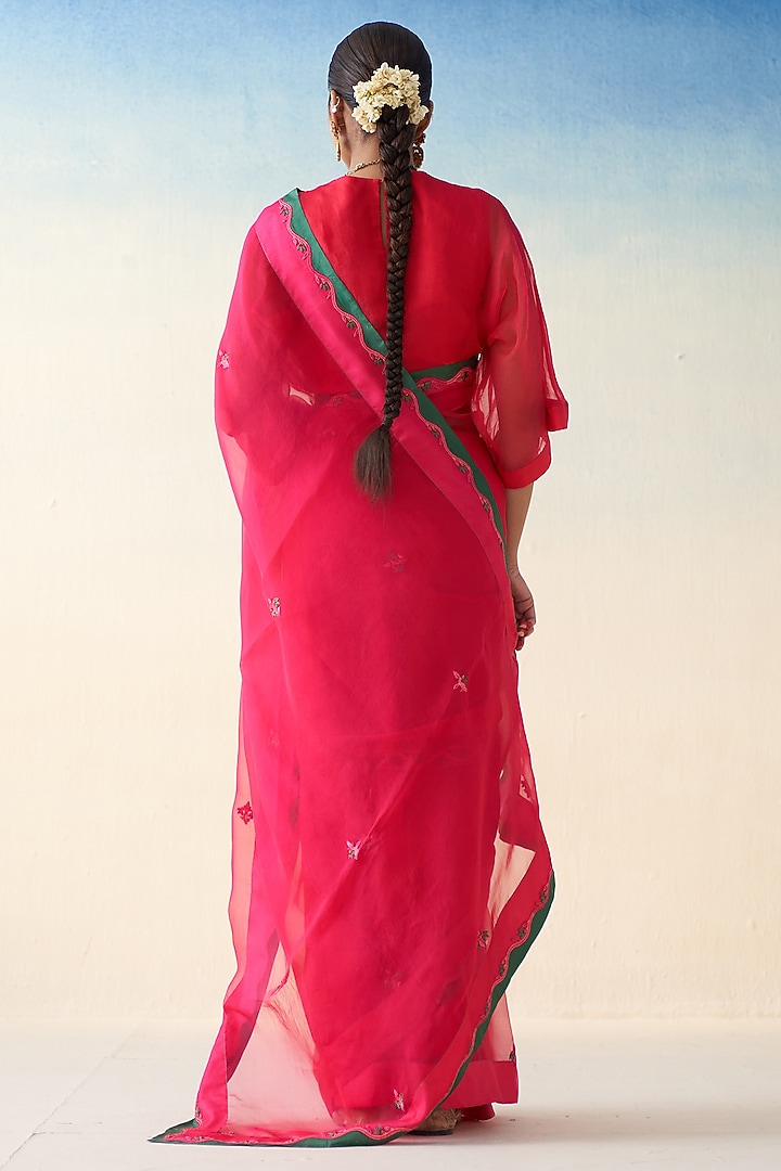 Magenta Organza Hand Embroidered Wedding Saree by JANKI INDIA at Pernia's Pop Up Shop