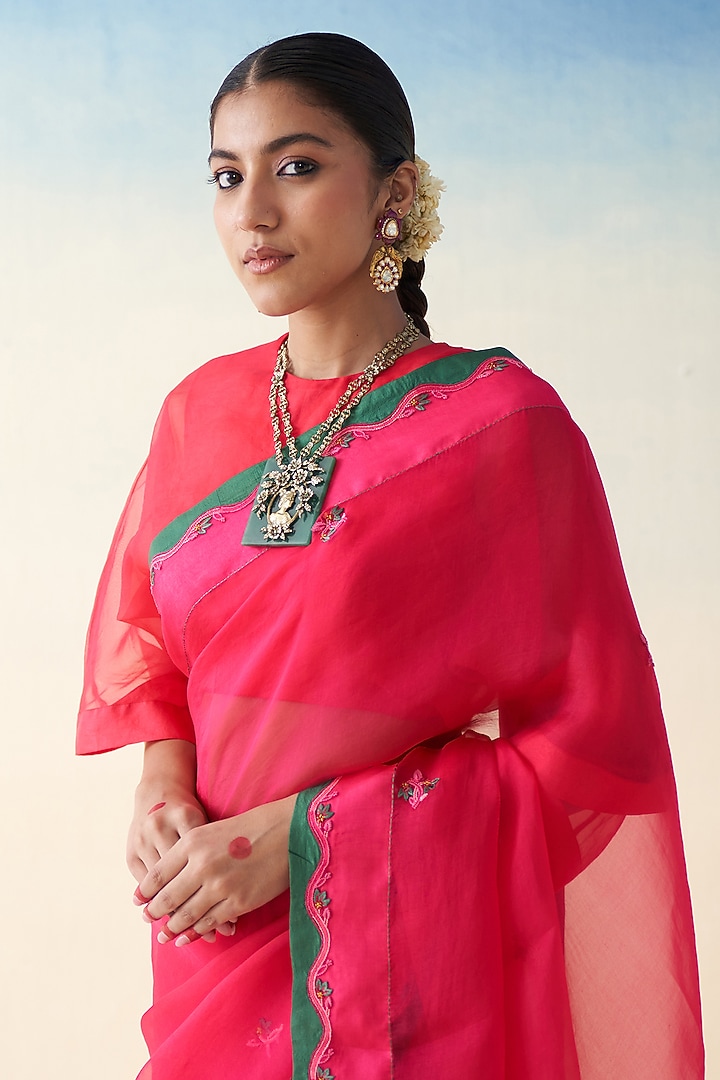 Magenta Organza Hand Embroidered Wedding Saree by JANKI INDIA at Pernia's Pop Up Shop