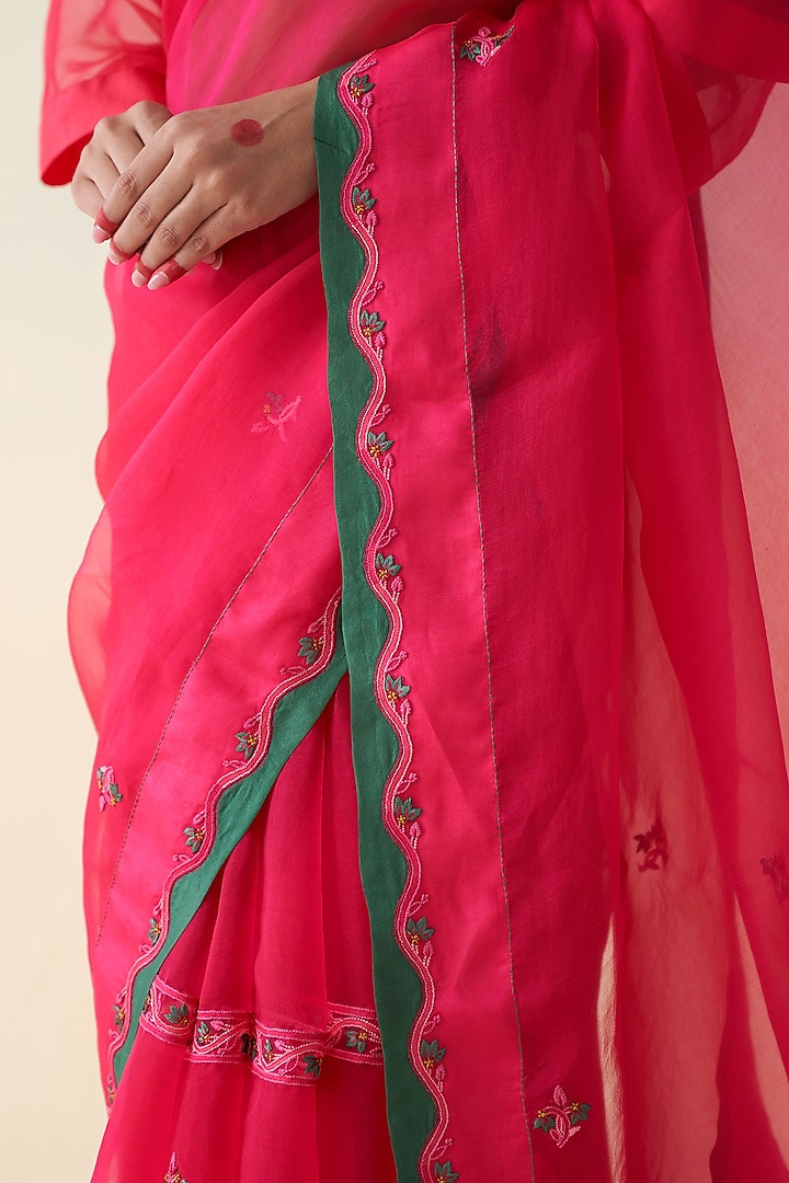 Magenta Organza Hand Embroidered Wedding Saree by JANKI INDIA at Pernia's Pop Up Shop