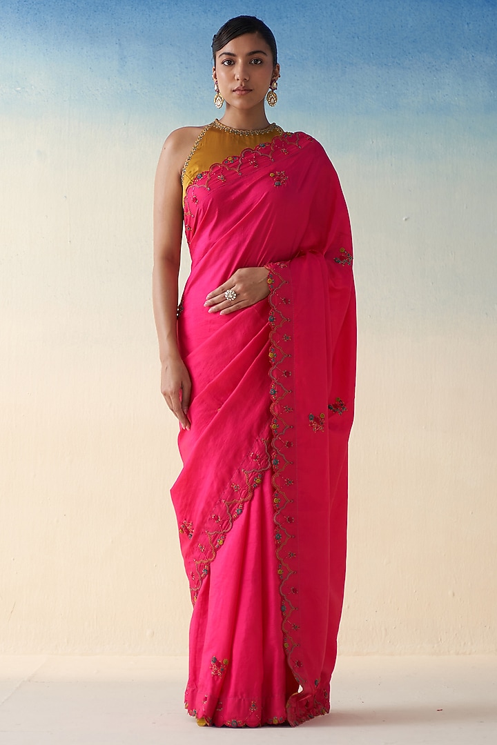 Magenta Silk Embroidered Wedding Saree by JANKI INDIA at Pernia's Pop Up Shop