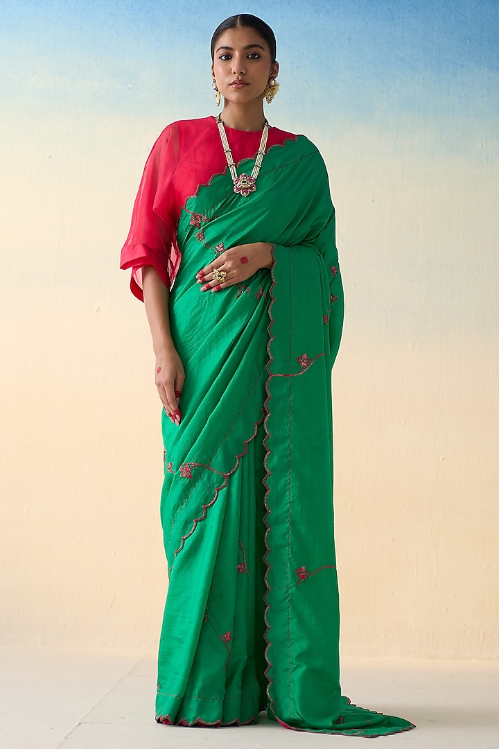 Green Silk Embroidered Saree by JANKI INDIA at Pernia's Pop Up Shop