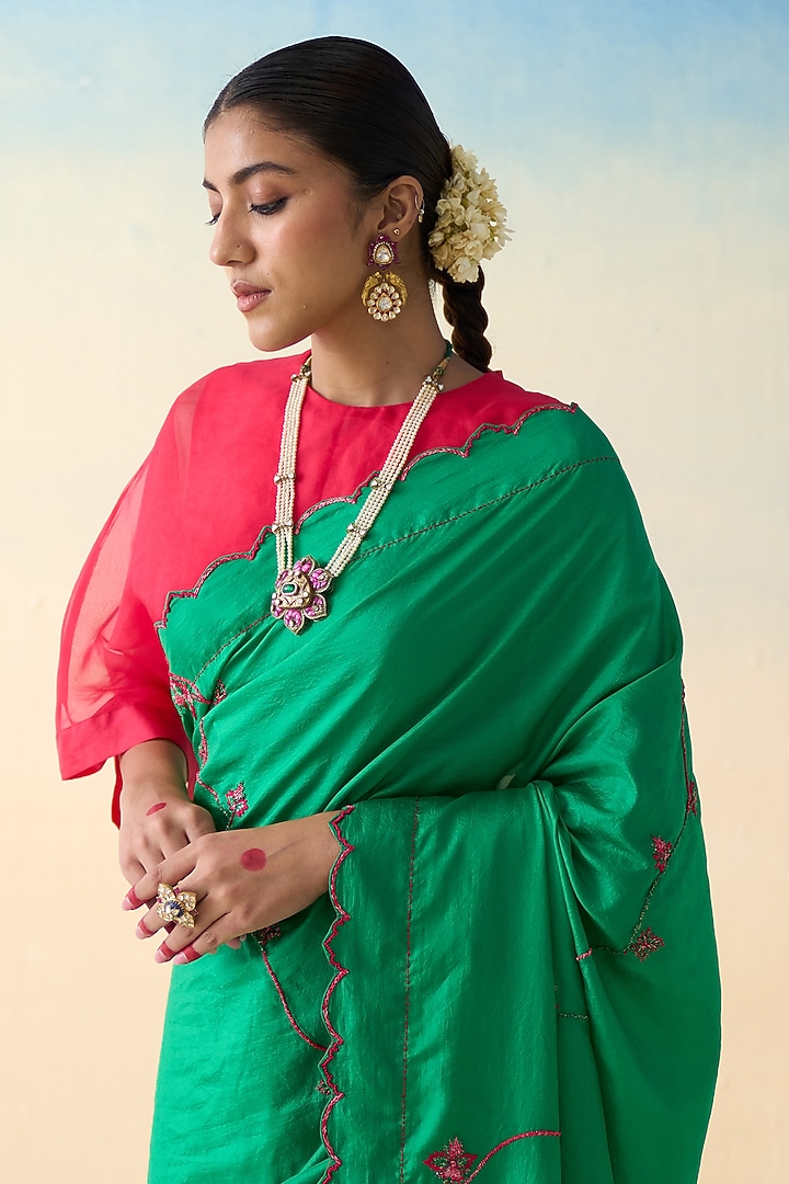 Green Silk Embroidered Wedding Saree by JANKI INDIA at Pernia's Pop Up Shop