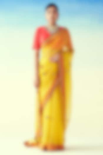 Yellow Organza Floral Embroidered Saree by JANKI INDIA at Pernia's Pop Up Shop