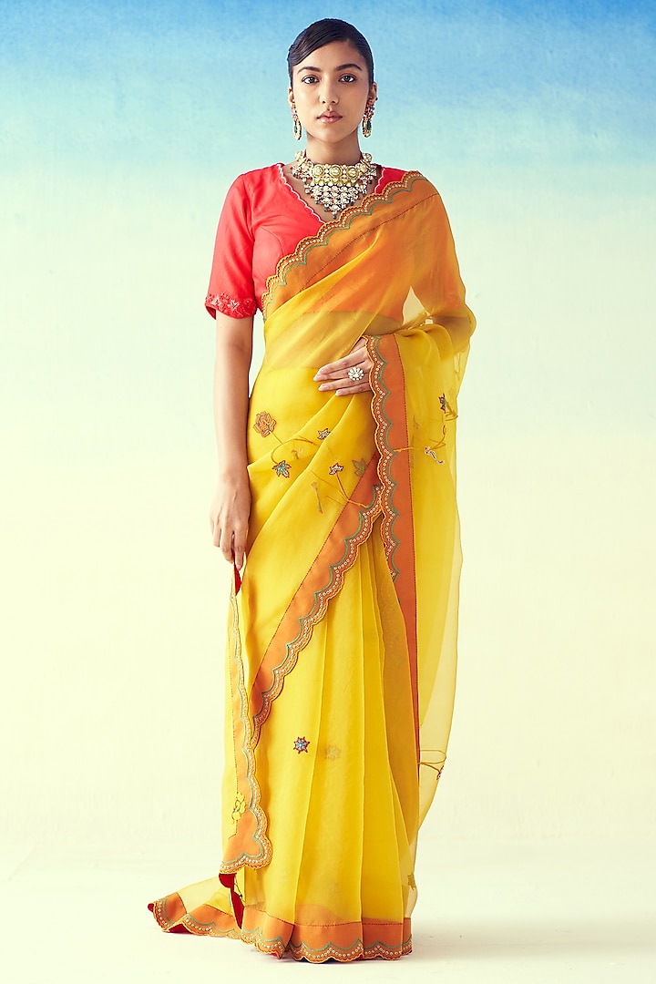 Yellow Organza Floral Embroidered Saree by JANKI INDIA at Pernia's Pop Up Shop