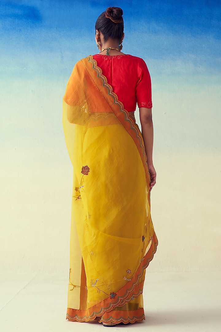Yellow Organza Floral Embroidered Wedding Saree by JANKI INDIA at Pernia's Pop Up Shop