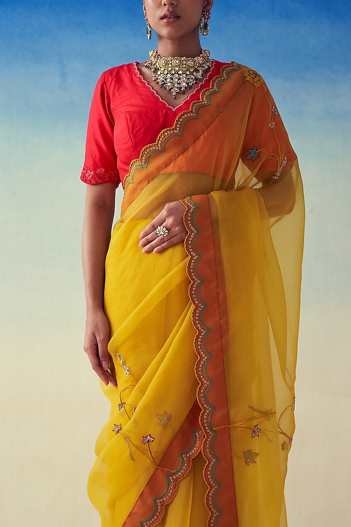 Yellow Organza Floral Embroidered Wedding Saree by JANKI INDIA at Pernia's Pop Up Shop