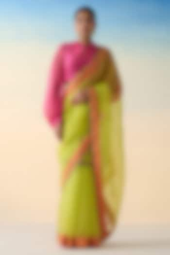 Lime Green Organza Embroidered Saree by JANKI INDIA at Pernia's Pop Up Shop