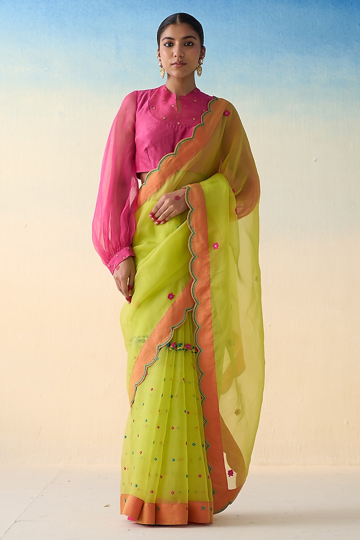 Lime Green Organza Embroidered Saree by JANKI INDIA at Pernia's Pop Up Shop