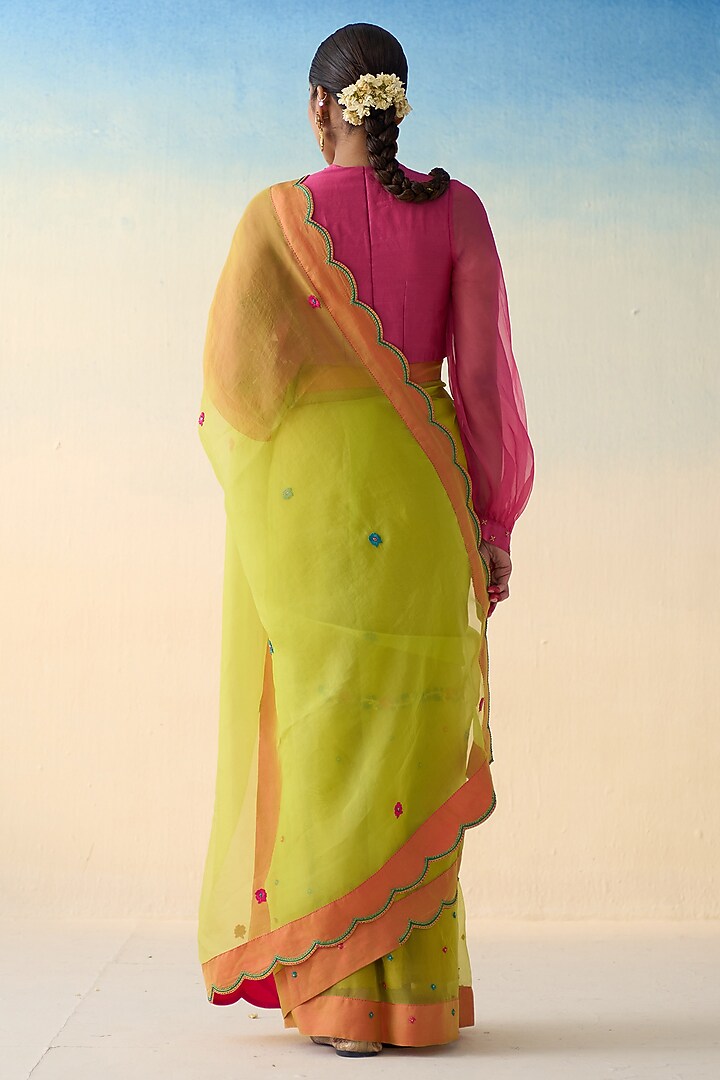 Lime Green Organza Embroidered Wedding Saree by JANKI INDIA at Pernia's Pop Up Shop