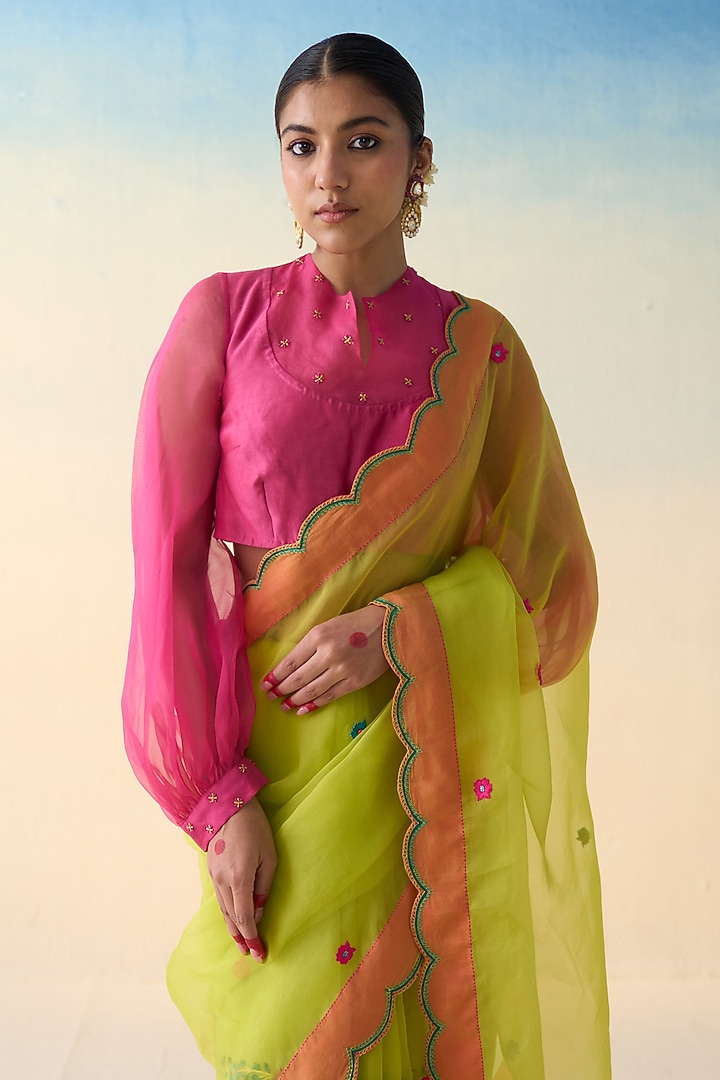 Lime Green Organza Embroidered Wedding Saree by JANKI INDIA at Pernia's Pop Up Shop