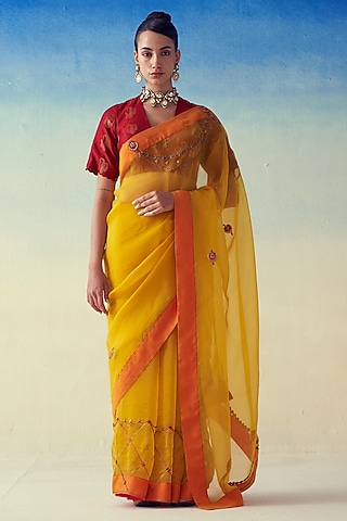 Yellow Organza Jaal Embroidered Saree by JANKI INDIA