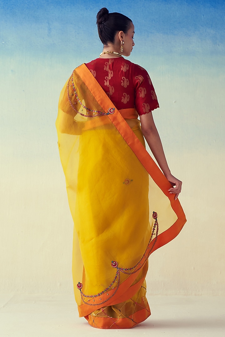 Yellow Organza Jaal Embroidered Wedding Saree by JANKI INDIA at Pernia's Pop Up Shop
