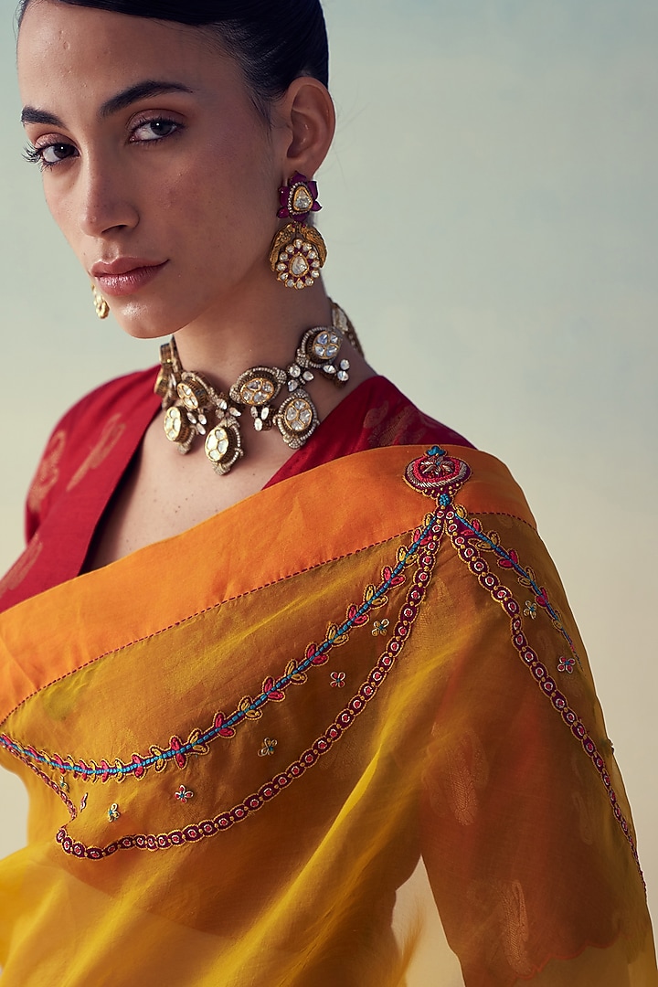 Yellow Organza Jaal Embroidered Wedding Saree by JANKI INDIA at Pernia's Pop Up Shop
