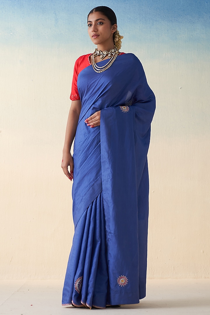 Blue Silk Thread Embroidered Saree by JANKI INDIA at Pernia's Pop Up Shop