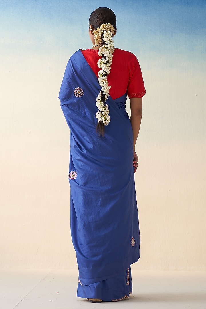 Blue Silk Thread Embroidered Wedding Saree by JANKI INDIA at Pernia's Pop Up Shop