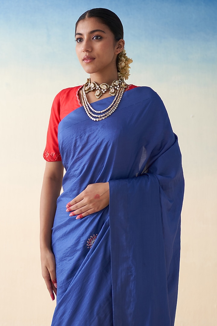 Blue Silk Thread Embroidered Wedding Saree by JANKI INDIA at Pernia's Pop Up Shop