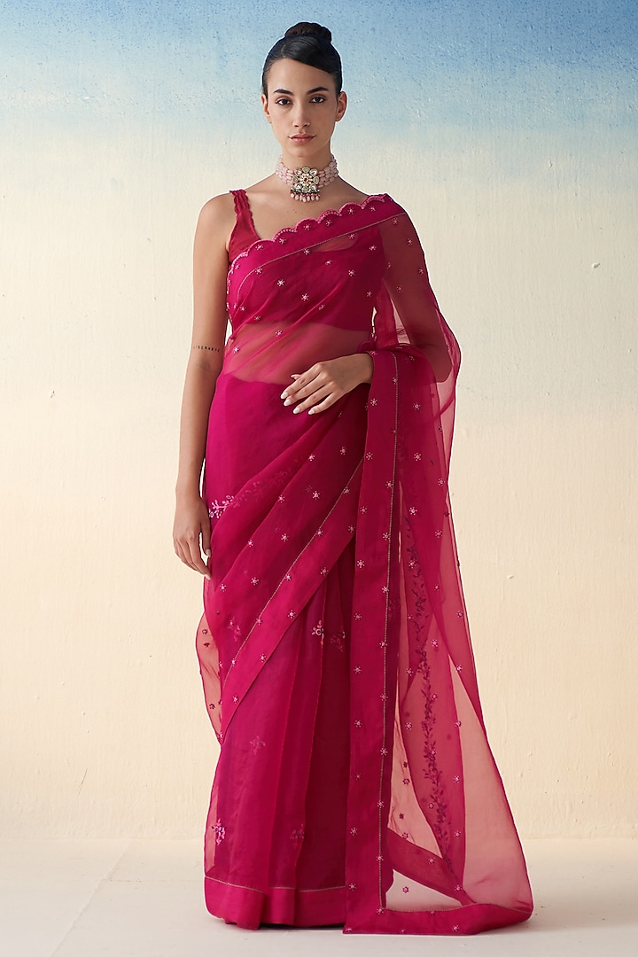 Wine Organza Saree by JANKI INDIA at Pernia's Pop Up Shop