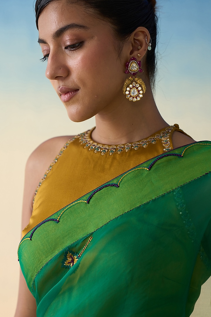 Lemon Green Organza Embroidered Wedding Saree by JANKI INDIA at Pernia's Pop Up Shop