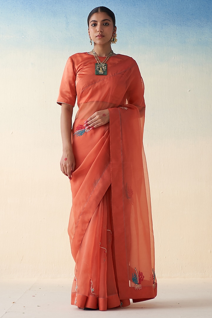 Coral-Rust Organza Motif Embroidered Saree by JANKI INDIA at Pernia's Pop Up Shop