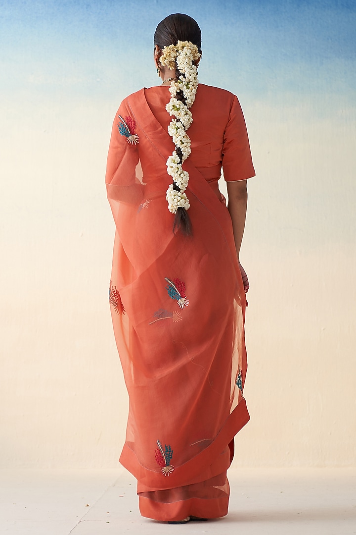 Coral-Rust Organza Motif Embroidered Wedding Saree by JANKI INDIA at Pernia's Pop Up Shop