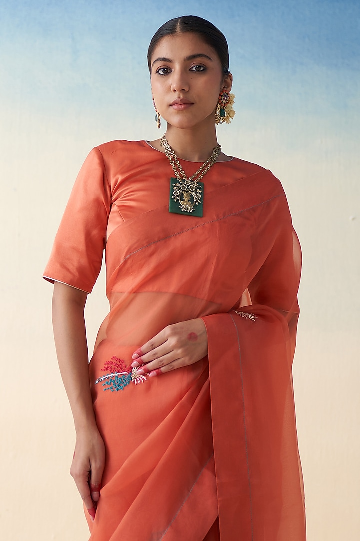 Coral-Rust Organza Motif Embroidered Wedding Saree by JANKI INDIA at Pernia's Pop Up Shop