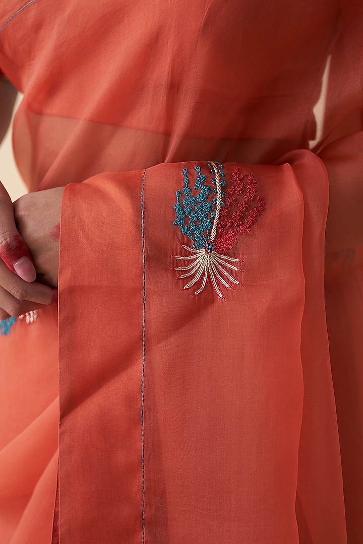 Coral-Rust Organza Motif Embroidered Wedding Saree by JANKI INDIA at Pernia's Pop Up Shop