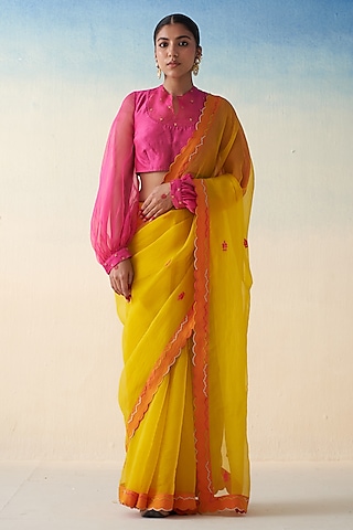 Yellow Organza Embroidered Saree by JANKI INDIA