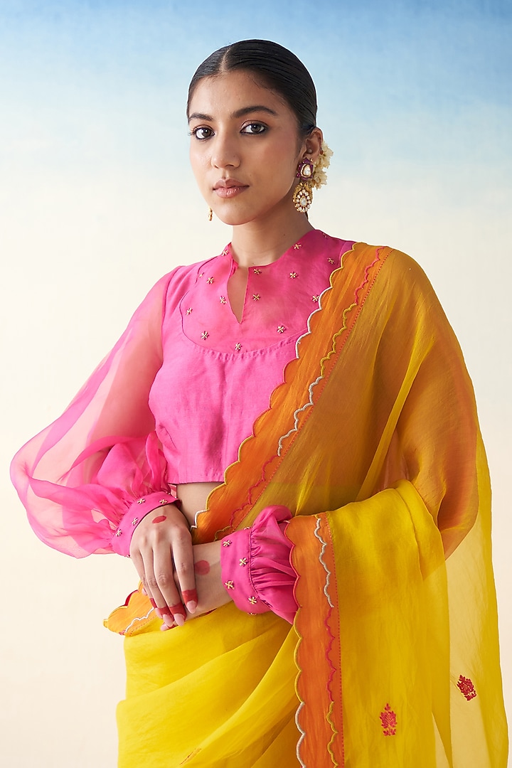 Yellow Organza Embroidered Wedding Saree by JANKI INDIA at Pernia's Pop Up Shop