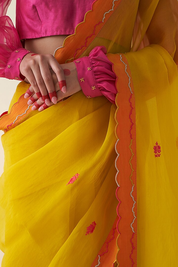 Yellow Organza Embroidered Wedding Saree by JANKI INDIA at Pernia's Pop Up Shop