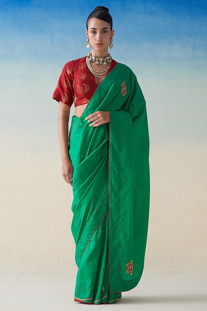 Green Silk Motif Embroidered Saree by JANKI INDIA at Pernia's Pop Up Shop