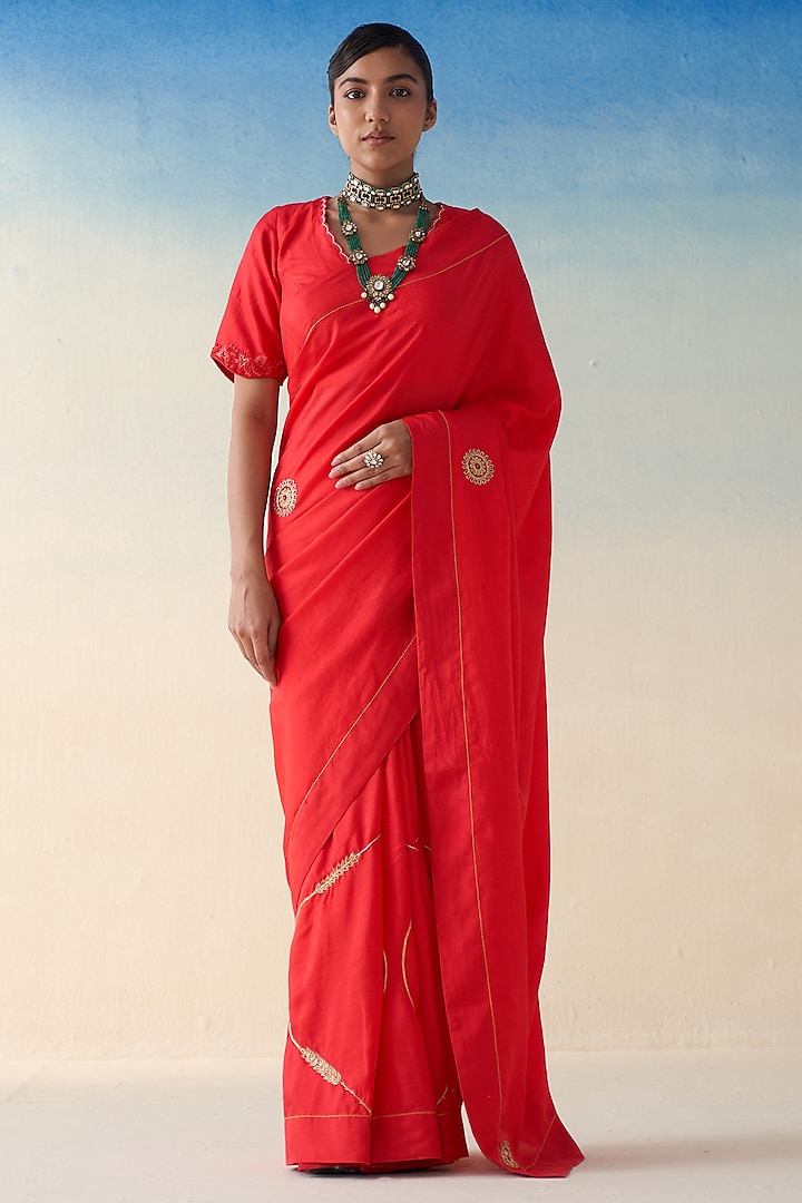 Red Silk Motif Embroidered Saree by JANKI INDIA at Pernia's Pop Up Shop