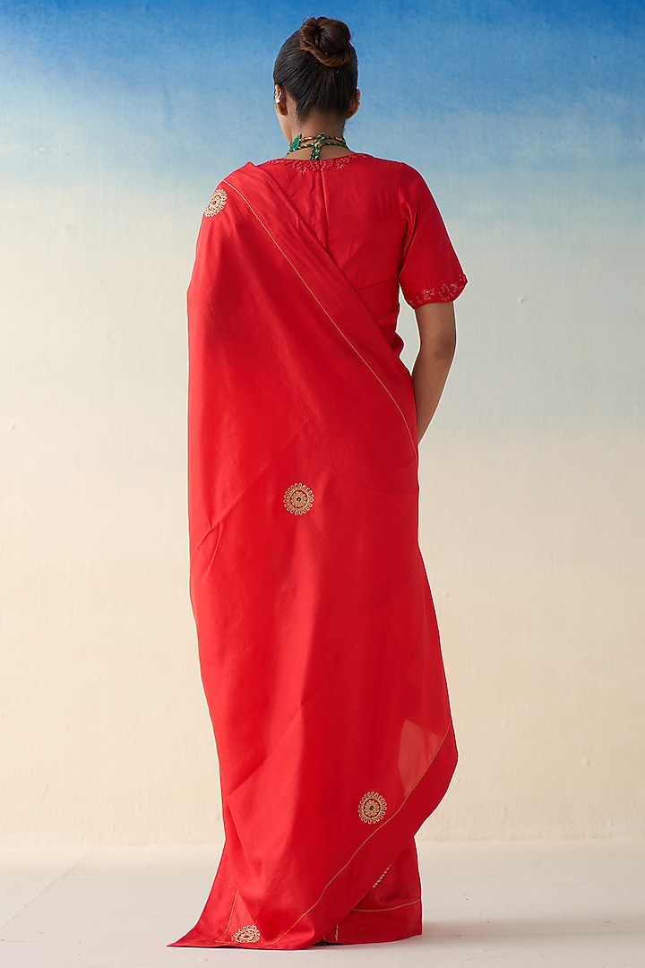 Red Silk Motif Embroidered Wedding Saree by JANKI INDIA at Pernia's Pop Up Shop