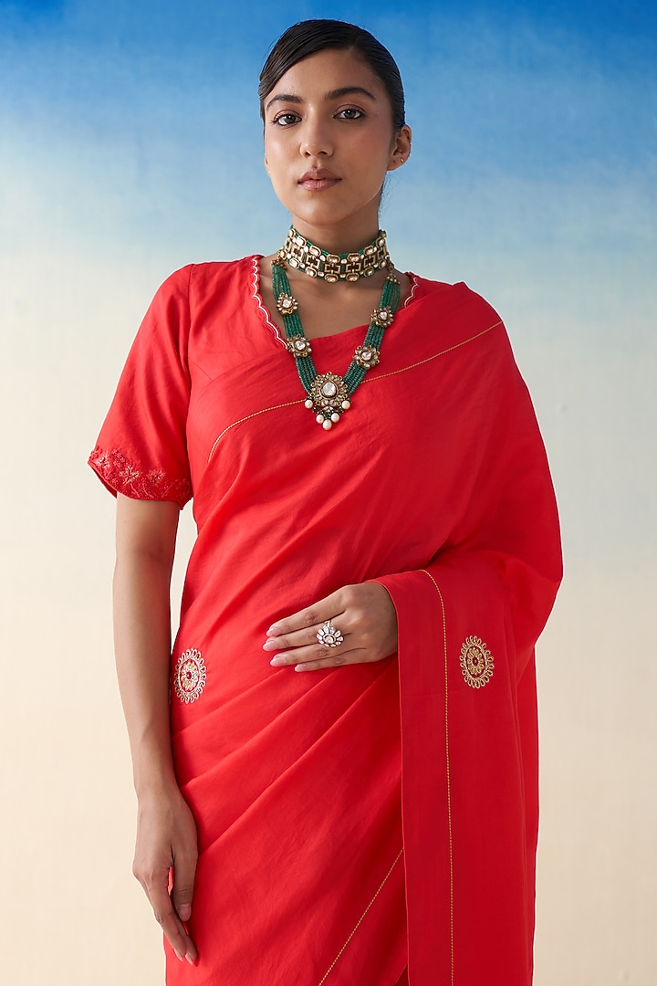Red Silk Motif Embroidered Wedding Saree by JANKI INDIA at Pernia's Pop Up Shop