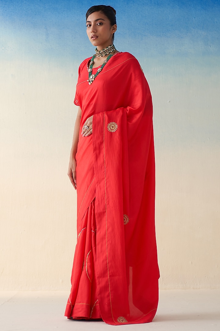 Red Silk Motif Embroidered Wedding Saree by JANKI INDIA at Pernia's Pop Up Shop