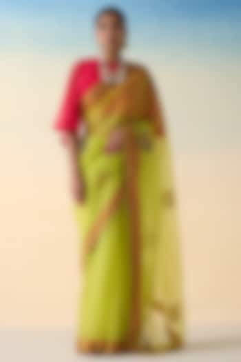 Lime Yellow Organza Saree by JANKI INDIA at Pernia's Pop Up Shop