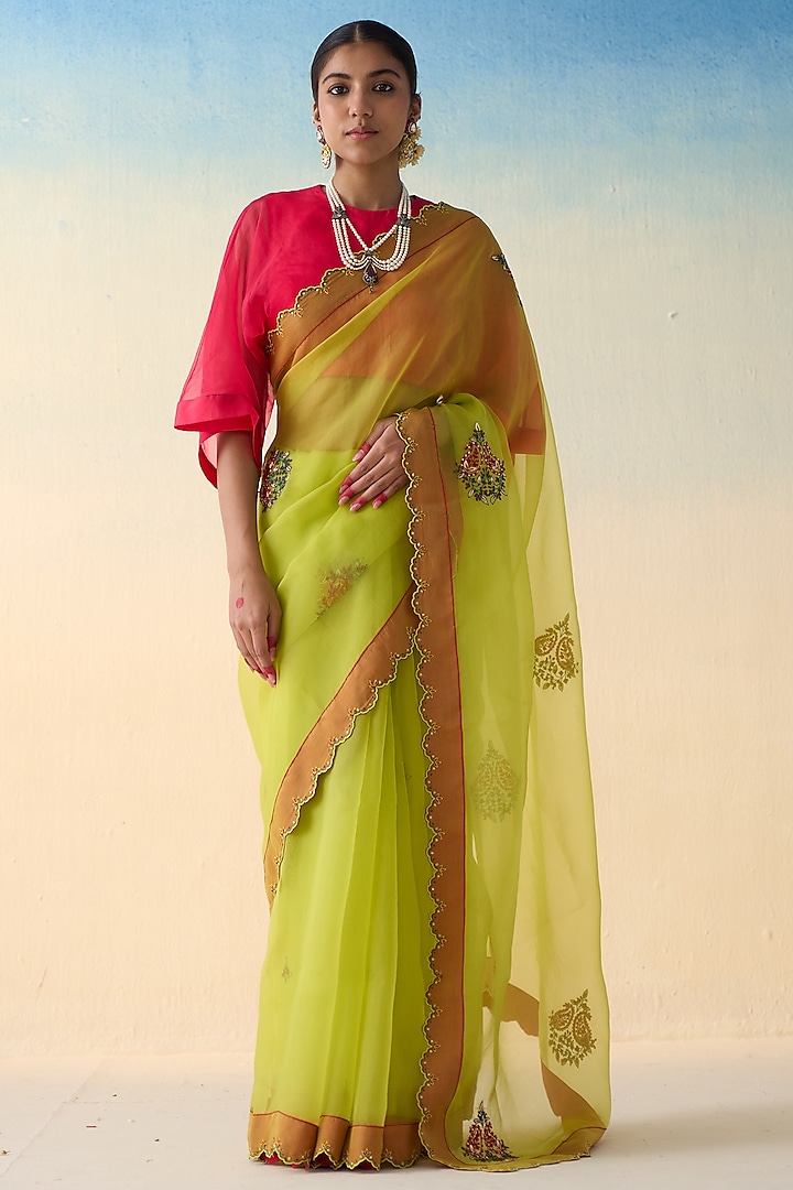 Lime Yellow Organza Saree by JANKI INDIA at Pernia's Pop Up Shop