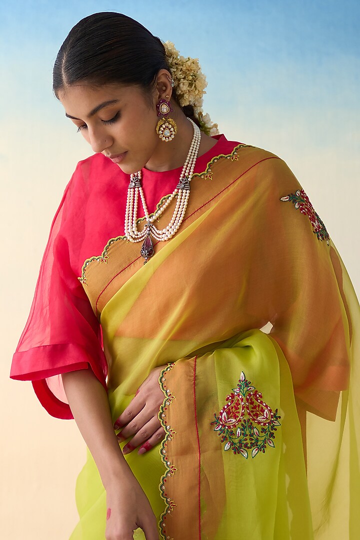Lime Yellow Organza Wedding Saree by JANKI INDIA at Pernia's Pop Up Shop