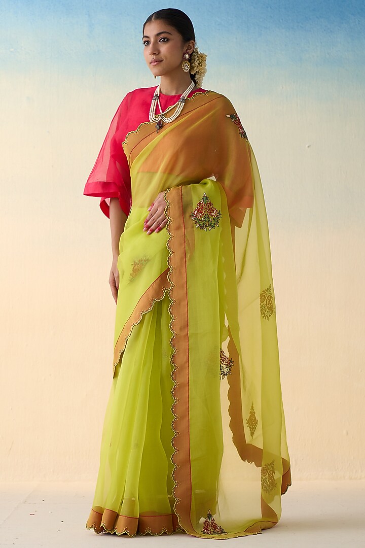 Lime Yellow Organza Wedding Saree by JANKI INDIA at Pernia's Pop Up Shop