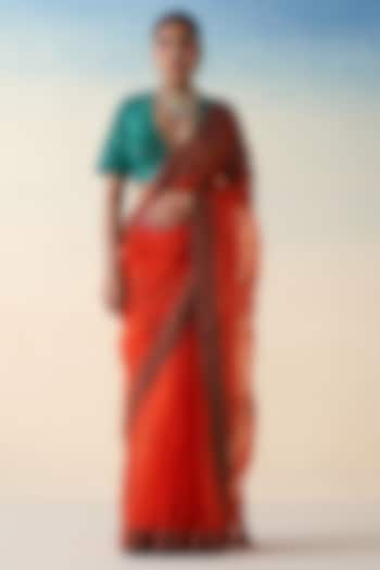 Rust Organza Silk Jaal Embroidered Saree by JANKI INDIA at Pernia's Pop Up Shop