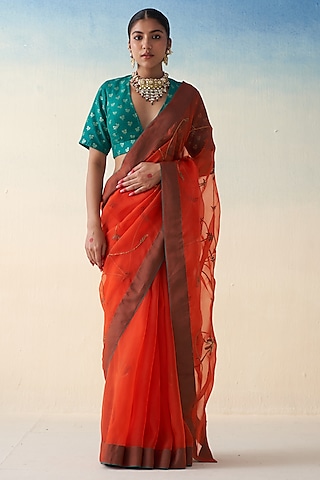 Rust Organza Silk Jaal Embroidered Saree by JANKI INDIA