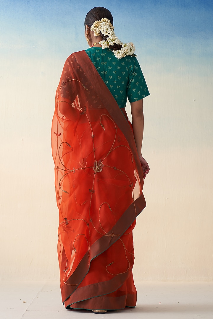 Rust Organza Silk Jaal Embroidered Wedding Saree by JANKI INDIA at Pernia's Pop Up Shop