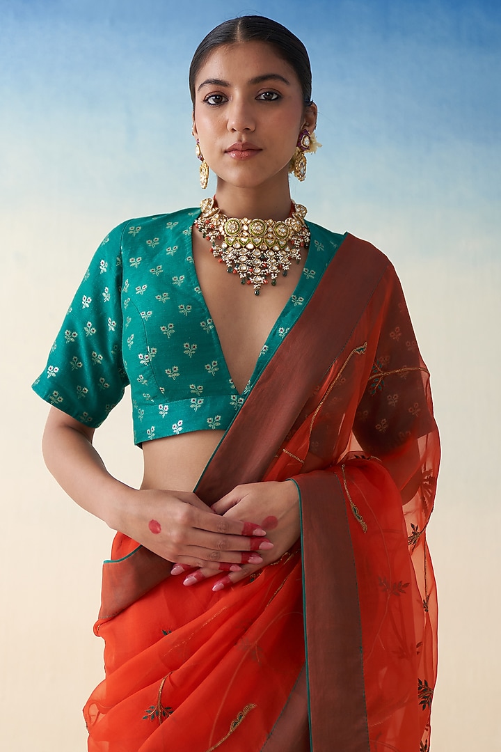 Rust Organza Silk Jaal Embroidered Wedding Saree by JANKI INDIA at Pernia's Pop Up Shop