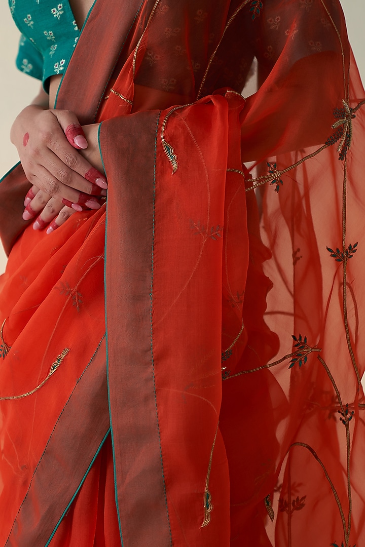 Rust Organza Silk Jaal Embroidered Wedding Saree by JANKI INDIA at Pernia's Pop Up Shop